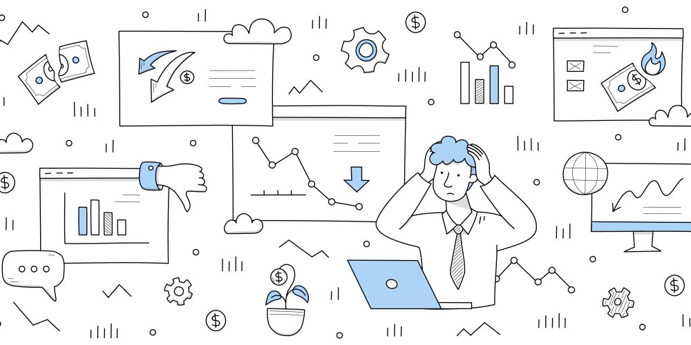 Finance crisis, economy drop doodle business concept. Shocked businessman investor holding head having stress due to money loss, invest recession, international collapse, Line art vector illustration